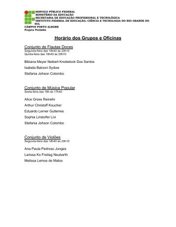 HorÃ¡rio dos Grupos e Oficinas - IFRS CÃ¢mpus Porto Alegre