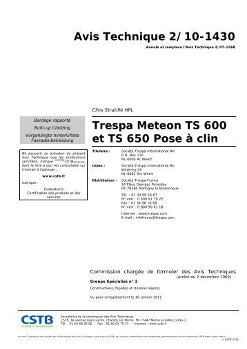 Avis Technique 2/10-1430 Trespa Meteon TS 600 et ... - Trespa.info