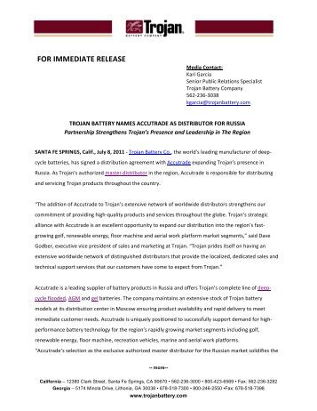 FOR IMMEDIATE RELEASE - Trojan Battery Company