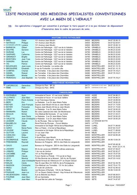 liste provisoire des medecins specialistes conventionnes ... - Mgen