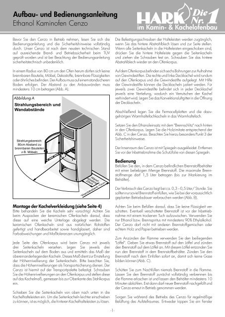 Ethanol Kaminofen Cenzo Aufbau- und Bedienungsanleitung - Hark