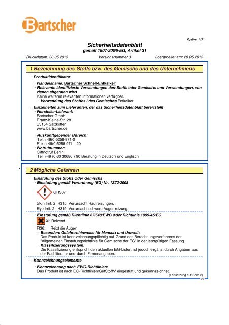 Sicherheitsdatenblatt - Bartscher