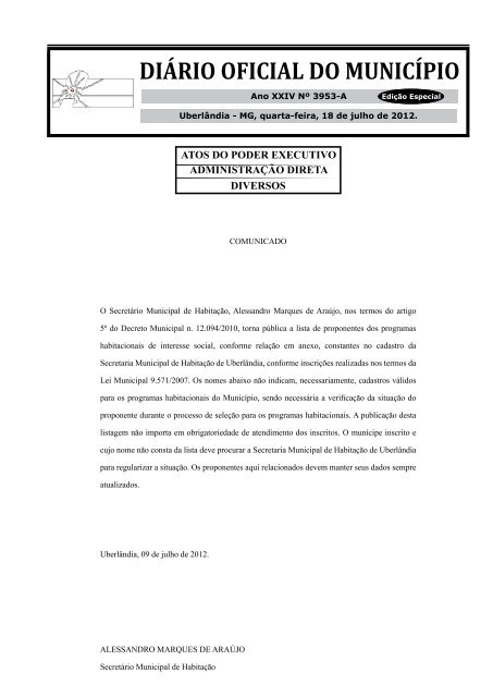 EdiÃ§Ã£o 3953A - Prefeitura Municipal de UberlÃ¢ndia