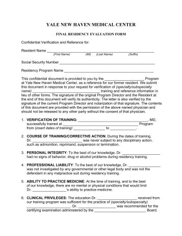 Final Residency Evaluation Form - Yale-New Haven Hospital
