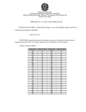 Gabarito da prova dos Cursos Superiores - IFRS CÃ¢mpus Porto Alegre