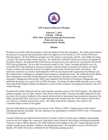 FEPA Board of Directors Meeting February 7, 2012 3:00 pm - Florida ...