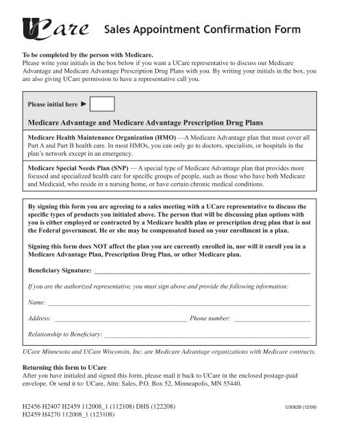 Sales Appointment Confirmation Form - UCare