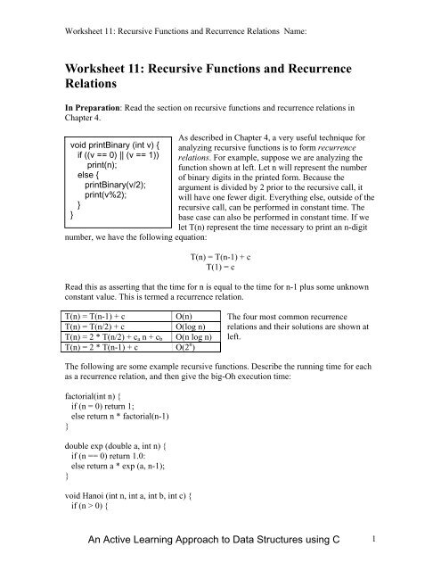 Worksheet 11: Recursive Functions and Recurrence ... - Classes