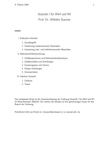 Statistik I fÃ¼r WInf und WI Prof. Dr. Wilhelm Stannat