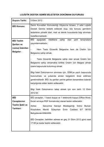 LOJÄ°STÄ°K DESTEK GEMÄ°SÄ° BÄ°LGÄ° Ä°STEK DOKÃMANI DUYURUSU ...