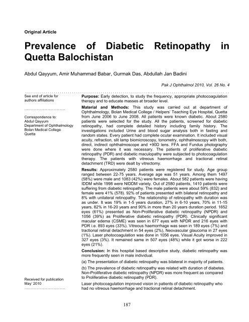 Prevalence of Diabetic Retinopathy in Quetta Balochistan - Pakistan ...