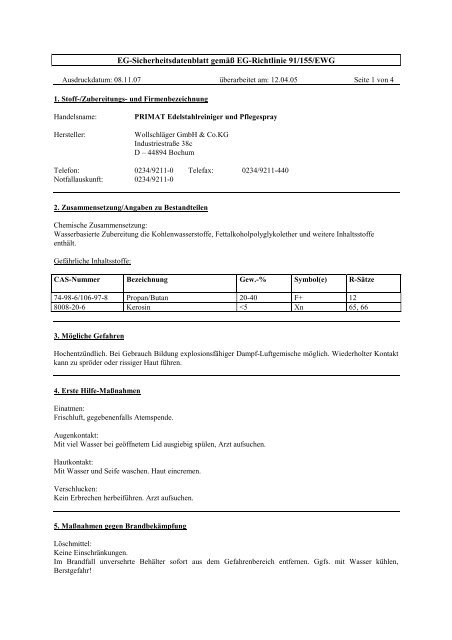 EG-Sicherheitsdatenblatt gemÃƒÂ¤ÃƒÂŸ EG-Richtlinie 91/155/EWG