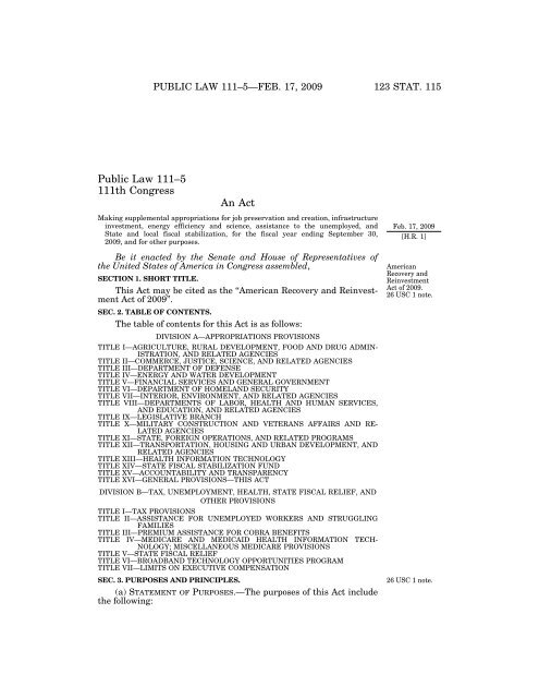 Public Law 111â5 111th Congress An Act - US Department of ...