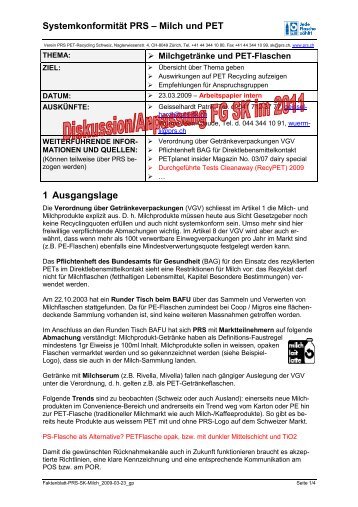 Faktenblatt Milch in PET-Flaschen - PET-Recycling Schweiz