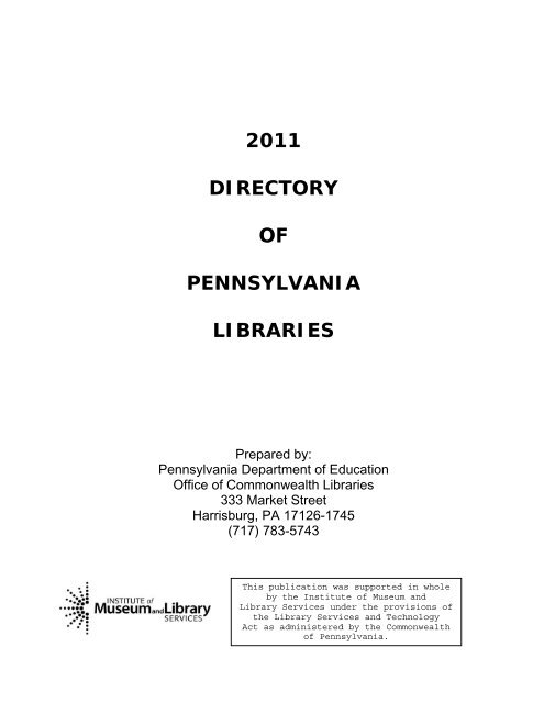 2011 DIRECTORY OF PENNSYLVANIA LIBRARIES - WebJunction