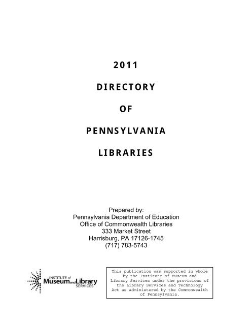 2011 DIRECTORY OF PENNSYLVANIA LIBRARIES - WebJunction