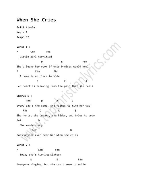 When She Cries chords Ã¢Â€Â“ Britt Nicole - Christian Lyrics