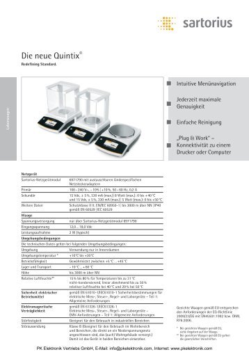 Datenblatt Sartorius PrÃ¤zisionswaage Modell Quintix - PK Elektronik