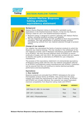 Watson-Marlow Bioprene tubing products equivalency statement