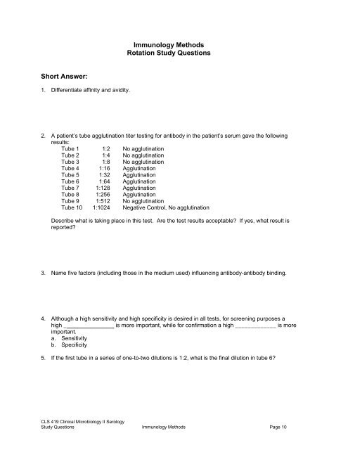 Immunology Methods Rotation Study Questions Short Answer - UNMC
