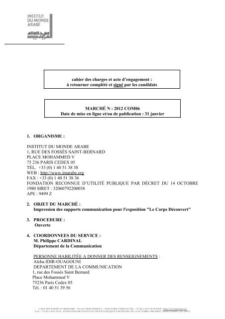 cahier des charges et acte d'engagement - Institut du Monde Arabe