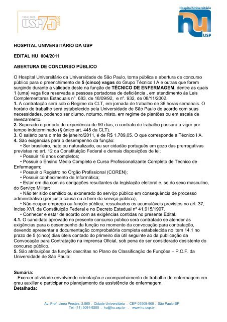 HOSPITAL UNIVERSITÃƒÂRIO DA USP EDITAL HU 004/2011 ...