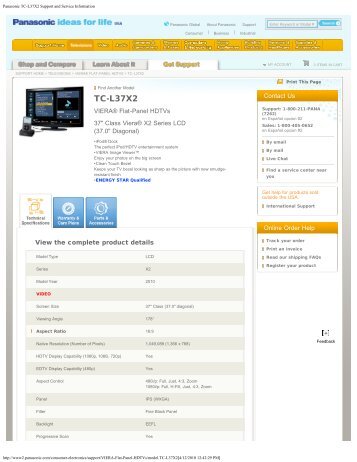 Panasonic TC-L37X2 Support and Service Information