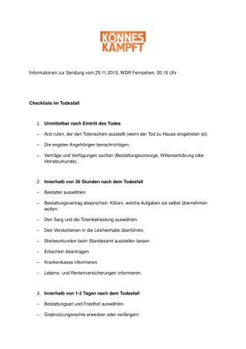 Checkliste im Todesfall - WDR.de