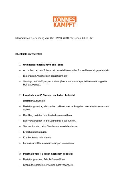 Checkliste im Todesfall - WDR.de