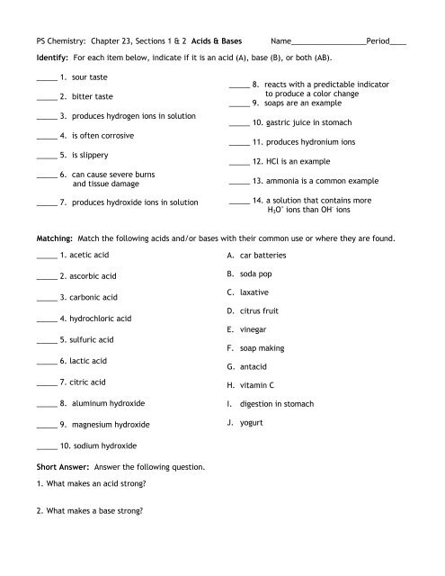 PS Chemistry: Chapter 23, Sections 1 & 2 Acids & Bases ...