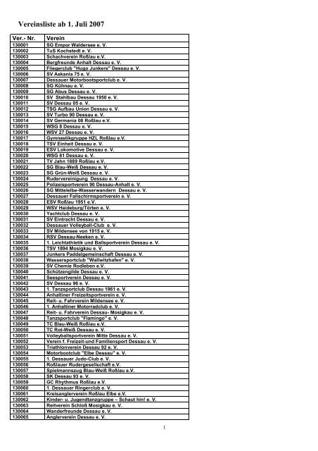 Vereinsliste ab 1. Juli 2007 - Stadtsportbund Dessau