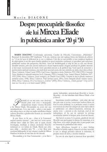Despre preocupÄrile filosofice ale lui Mircea Eliade Ã®n publicistica ...