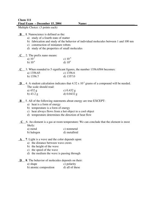 Chem 111 Final Exam – December 15, 2004 Name: Multiple Choice ...