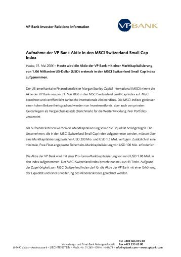 Aufnahme der VP Bank Aktie in den MSCI Switzerland Small Cap ...