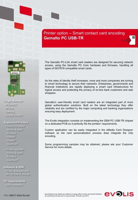 GEMALTO PC USB-TR datasheet - Evolis