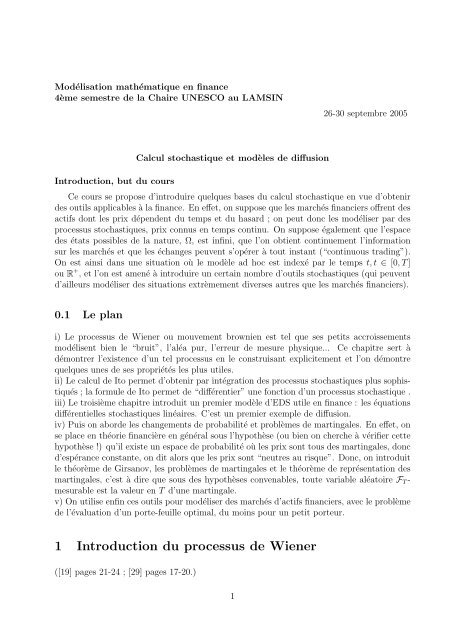 Calcul stochastique et modèles de diffusion - Institut de ...