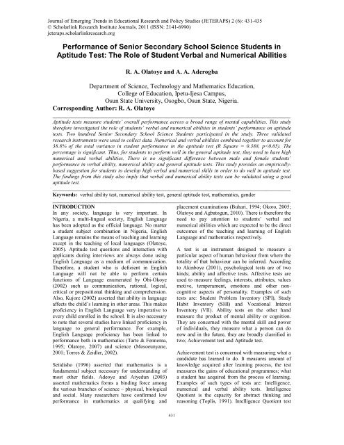 Performance of Senior Secondary School Science Students in ...