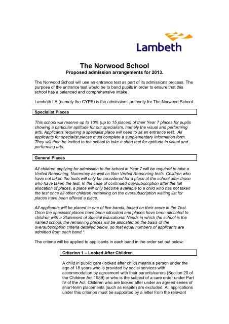 Admission arrangements for The Norwood School