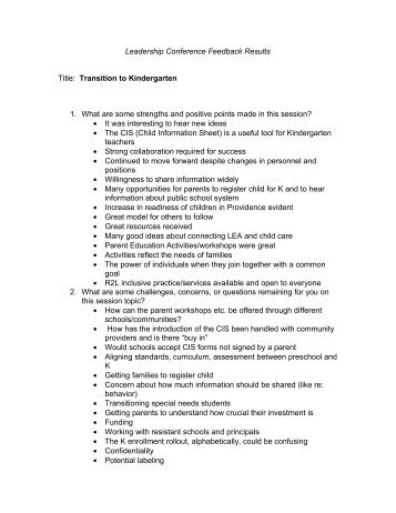 Transition to Kindergarten feedback summary - RITAP