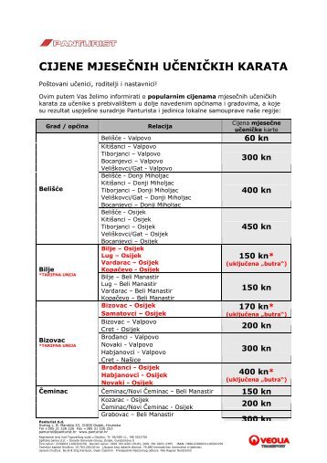 CIJENE MJESEČNIH UČENIČKIH KARATA - Veolia Transport