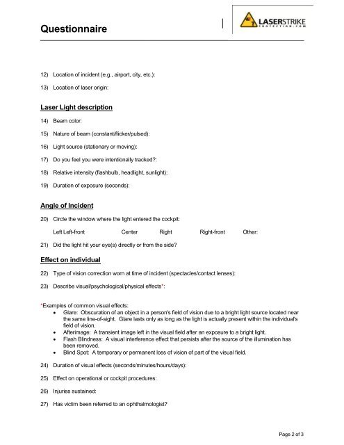 Laser Strike Incident Report Questionnaire - Night Flight Concepts