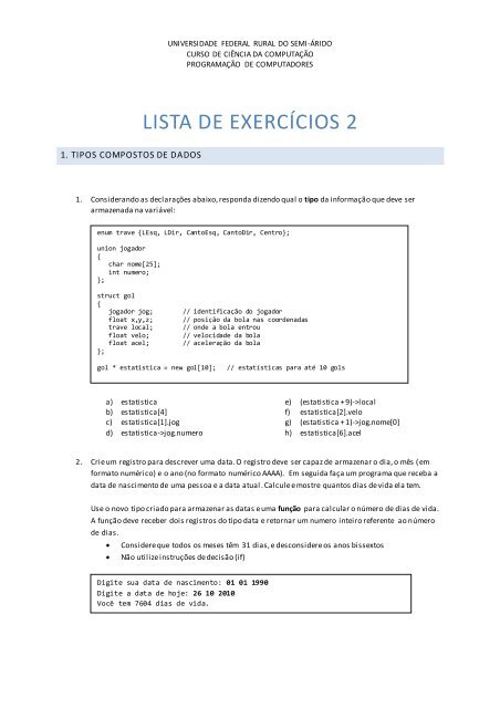 LISTA DE EXERCÍCIOS 2 - Ufersa