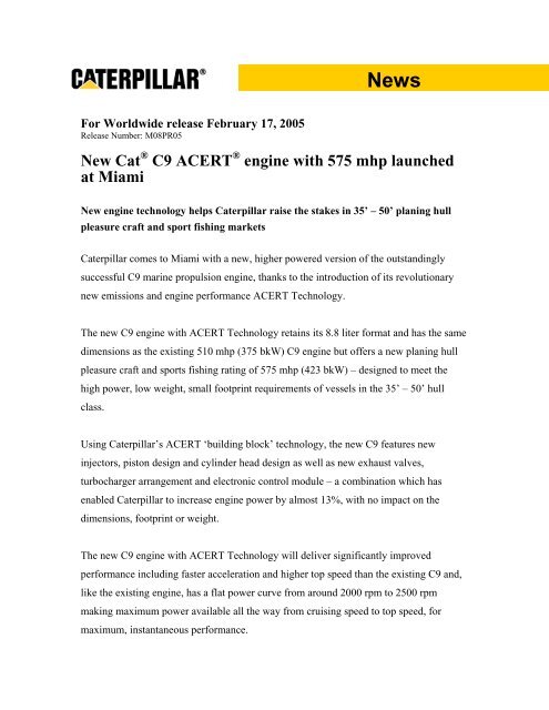 New Cat C9 ACERT engine with 575 mhp launched at Miami