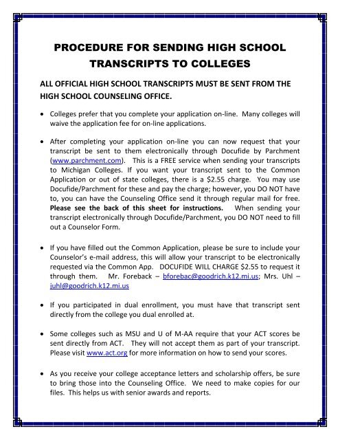 procedure for sending high school transcripts to colleges