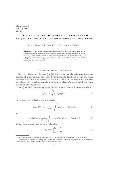 88 ON q-LAPLACE TRANSFORMS OF A GENERAL CLASS OF q ...