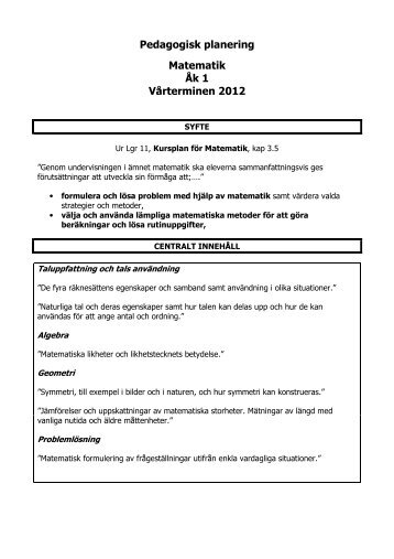 Pedagogisk planering Matematik Ãk 1 VÃ¥rterminen 2012