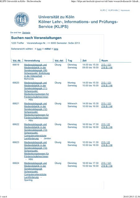 Veranstaltungen nach Nummern - koost - UniversitÃ¤t zu KÃ¶ln