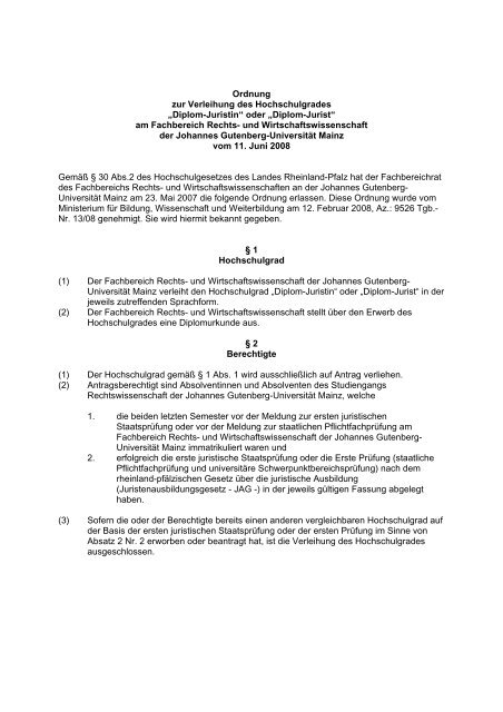 Diplom-Jurist - Johannes Gutenberg-UniversitÃ¤t Mainz