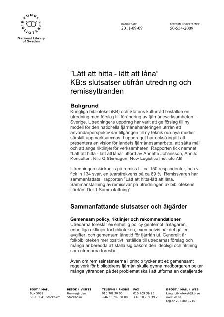 Lätt att hitta - lätt att låna” KB:s slutsatser utifrån utredning och ...