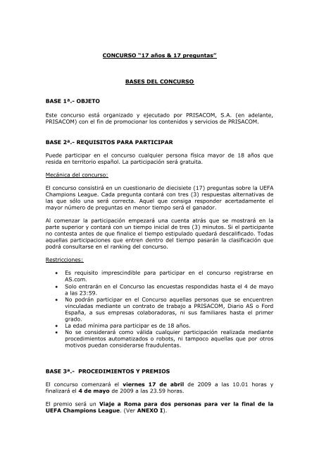 CONCURSO â17 aÃ±os & 17 preguntasâ BASES DEL ... - Diario As